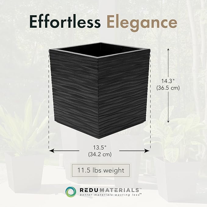 Tierra Verde Indoor & Outdoor Self-Watering Square Planter, Citadel Serenity, 14”, Black - Planting Containers for Plants and Flowers - Gardening and Landscaping Accessories