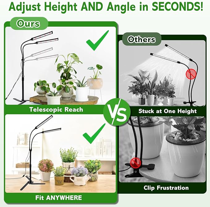 Grow Lights for Indoor Plants, Full Spectrum LED Plant Light Features a Telescoping Rod and a Collapsible Standing Base, Gooseneck, Dimmable, Auto Timer, for Succulents, Houseplants, Seedlings