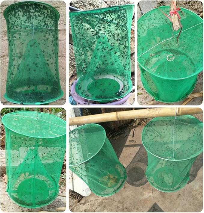 Ranch Fly Trap Outdoor Hanging Reusable with Fishing Apparatus | Food Bait Tray Catcher Cage for Indoor or Outdoor Family Farms, Park (4 Pack)