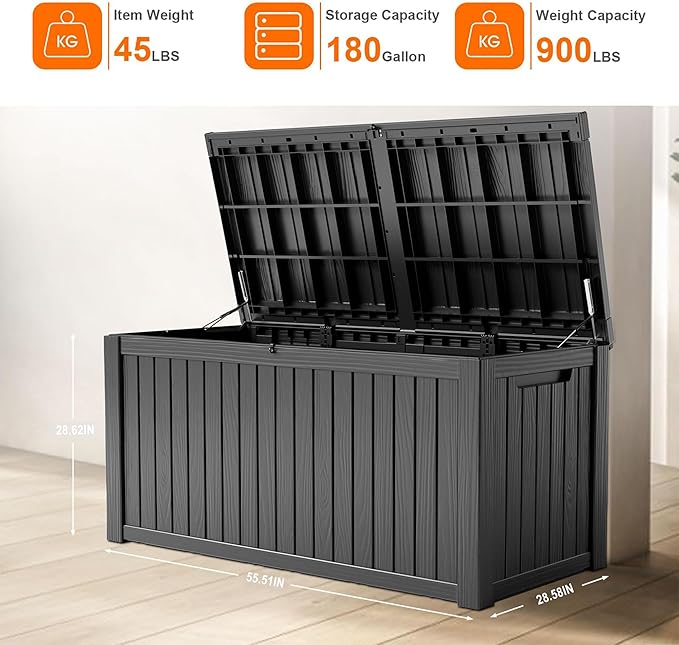 180 Gallon Large Deck Box,Resin Outdoor Storage Box with Lockable for Patio Furniture, Pool Accessories, Garden Tools Waterproof Outside Storage Box, Black