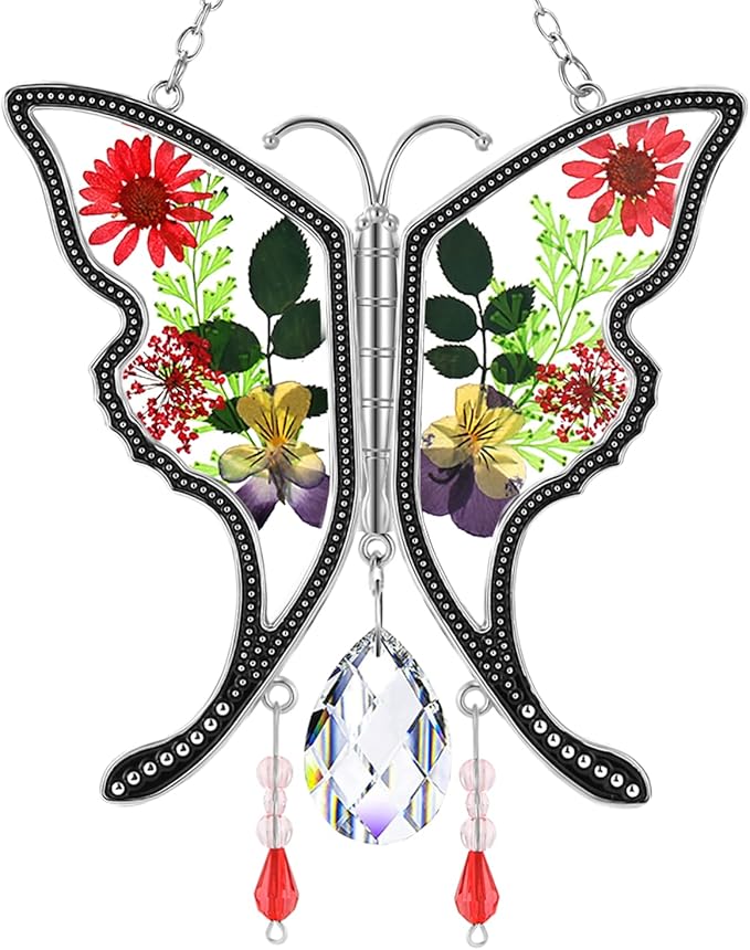 KY&BOSAM Gifts for Mom Crystal Butterfy Suncatcher Stained Glass Butterfly Suncatchers for Windows with Pressed Real Flowers Heart Charm Engraved with Crystal Mother`s Day Birthday
