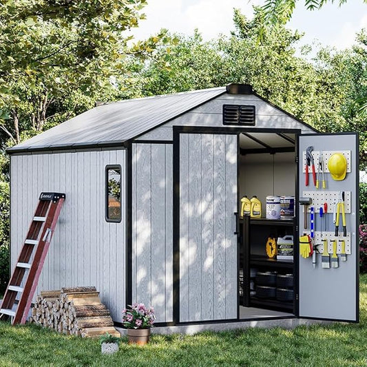 8 x 10 FT Resin Storage Tool Shed, All-Weather Outdoor Storage Shed with Windows, Lockable Doors & Floor, Plastic Storage Shed for Patio, Poolside, Backyard, Garden