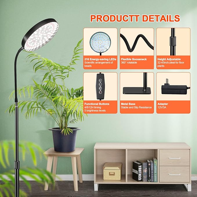 Grow Lights for Indoor Plants Full Spectrum with Stand, Floor Plant Growing Lamp with 216 LEDs for Large Plants, Auto ON/Off Timer 4/8/12H, 5 Dimmable Levels, 40-52 inches Adjustable Height