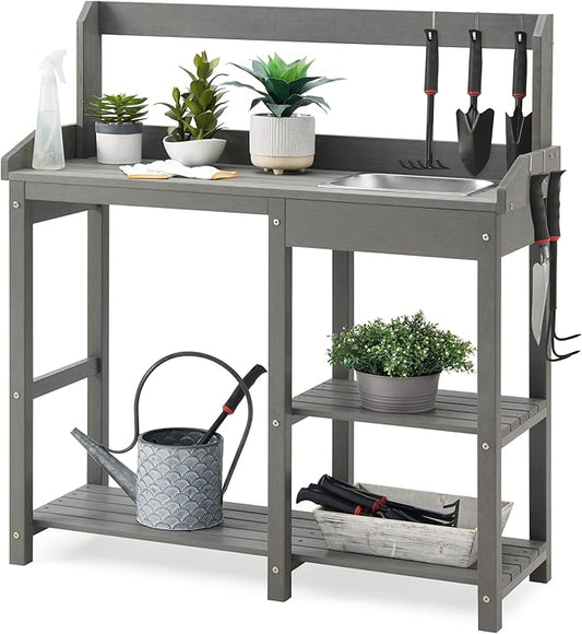 Psilvam Outdoor Potting Bench with Sink for All-Weather Gardens, HDPE Potting Benches for Outside, Planting Table for Garden, Patio and Lawn (Grey)