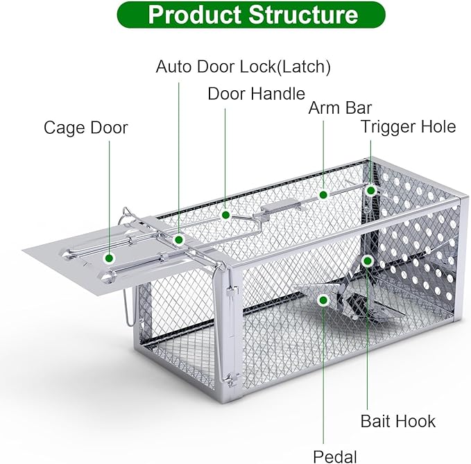 Humane Rat Trap, Single Door Metal Mouse Cage Traps and Other Small Live Animals Cage, Easy to Catch and Release, Work for Indoor Outdoor