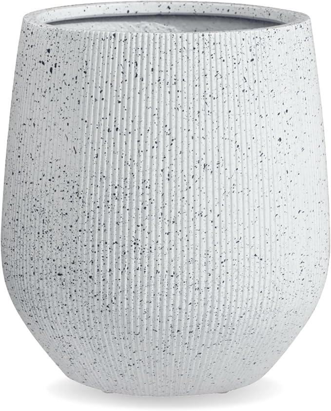 12.5" H x 11.5" D Ribbed Corso Fiberstone Round Planter with Drainage Hole, Weather Resistant, Indoor and Outdoor Use, Included 2 Extra Coco Mats (Ribbed Speckled White, 9" Pot Opening)