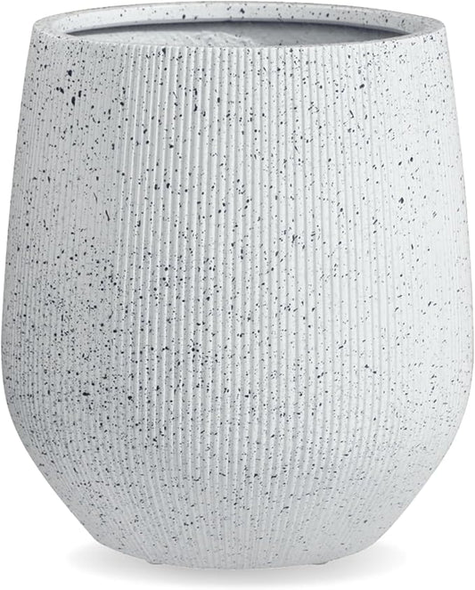 12.5" H x 11.5" D Ribbed Corso Fiberstone Round Planter with Drainage Hole, Weather Resistant, Indoor and Outdoor Use, Included 2 Extra Coco Mats (Ribbed Speckled White, 9" Pot Opening)
