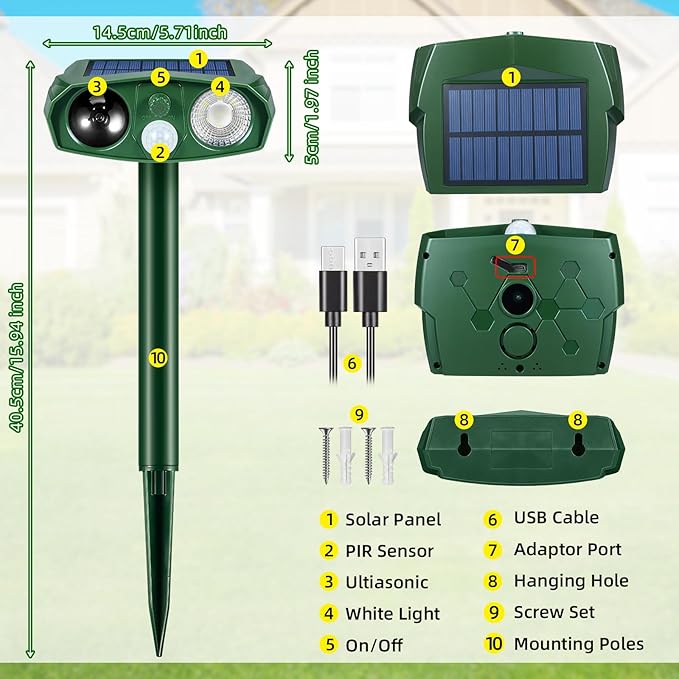 2Pack Ultrasonic Cat Repellent Outdoor Solar Animal Repellent with Motion Detection&Flash Light Animal Deterrent Devices Deer Repellent Devices to Scare Raccoon Rabbit Skunk Repellent for Yard