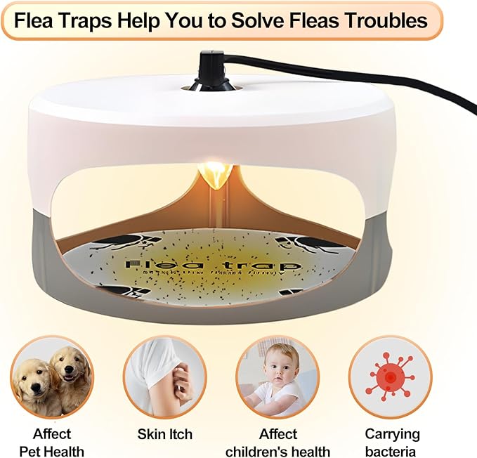 Flea Traps for Inside Your Home 2 Packs, Flea Trap Indoor Pest Control Trapper Insect Killer with Light, Sticky Bed Bug Natural with 6 Glue Disc Refills and 6 Lightbulbs