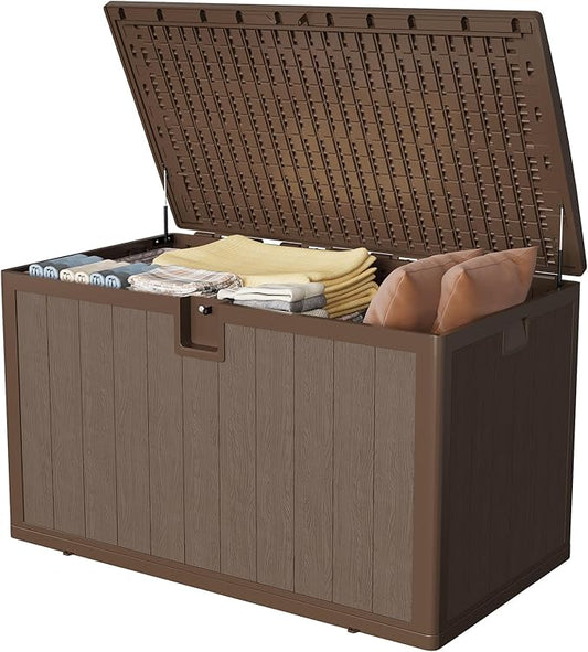 130 Gallon Outdoor Storage Box, Waterproof Deck Box, Lockable Storage Bin, Suitable for Patio Furniture, Pool Accessories, Gardening Tool, Faux Wood Grain Brown
