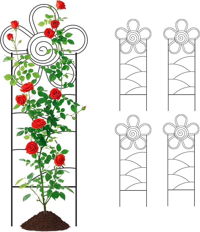 Arifaro Metal Garden Trellis 56″High (Pack of 4) Plant Trellis for Climbing Plants, Outdoor/Indoor Sturdy Plant Trellis for Climbing Vines, Flowers & Garden Plants (Floral)