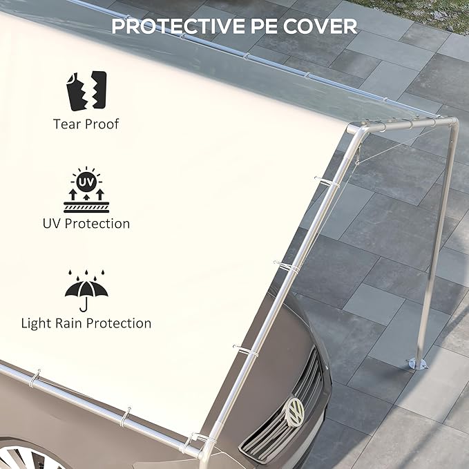 Outsunny 10' x 20' Carport Replacement Top Canopy Cover, UV Resistant and Water Resistant Car Port Portable Garage Tent Cover with Ball Bungee Cords, White, Only Cover