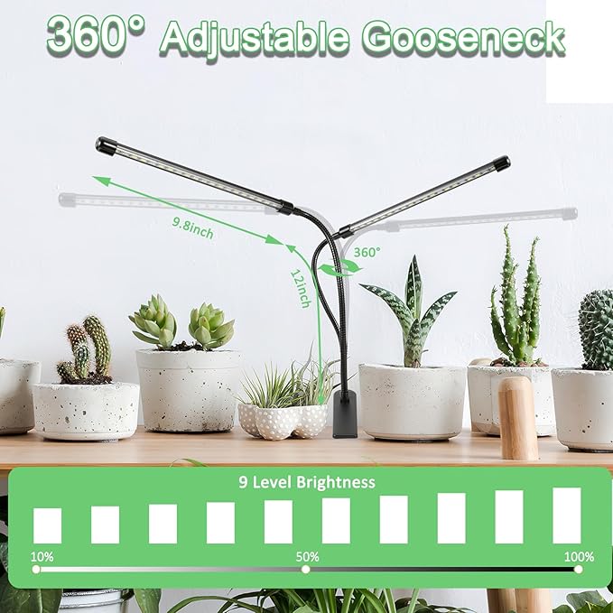 Grow Lights for Indoor Plants, 6000K Full Spectrum Plant Lights for Indoor Growing White Red Led, Clip On Grow Light Plant Lamp for Seeding,Dimmable &Auto on/Off Timmer (White, 2Head-1Pack)