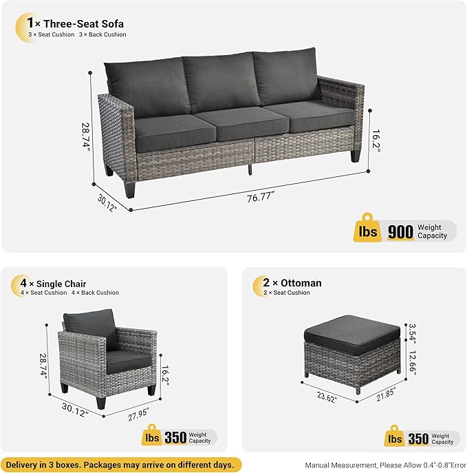 ovios Patio Furniture Set, 7 Pieces Outdoor Wicker Sofa Couch with 4 Chairs, Ottomans and Comfy Cushions, All Weather High Back Rattan Conversation Set, Black