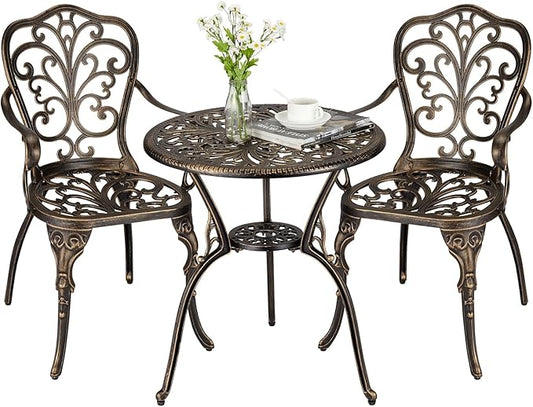 3 Piece Bistro Set, Outdoor Bistro Table and Chairs Set of 2, Rust-Resistant Cast Aluminum All Weather Patio Outdoor Bistro Set with Umbrella Hole for Backyard, Balcony, Front Porch, Brown