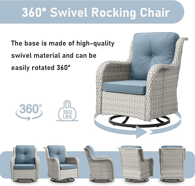 Wicker Rattan Patio Furniture Set - 7 Pieces Outdoor Couch with Swivel Chairs, Ottomans and Coffee Table for Deck, Poolside, Backyard - Light Grey/Light Blue