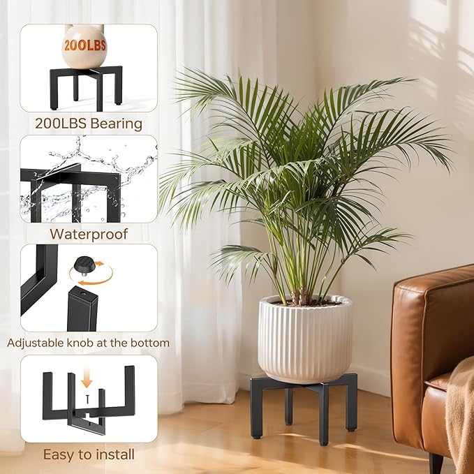 Adjustable Plant Stand Indoor Outdoor,Metal Modern Plant Stands, Plant Stand with Adjustable Feet,Low Short Plant Stands,Fit 8-12 inch Pots,Black (Pot & Plant Not Included)