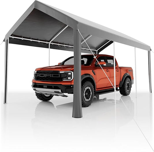 Garvee 10x20 Heavy Duty Carport, Galvanized Steel Outdoor Car Canopy with UV-Resistant & Water-Resistant PE Cover, Portable Garage for SUV, Truck, Boat, Grey