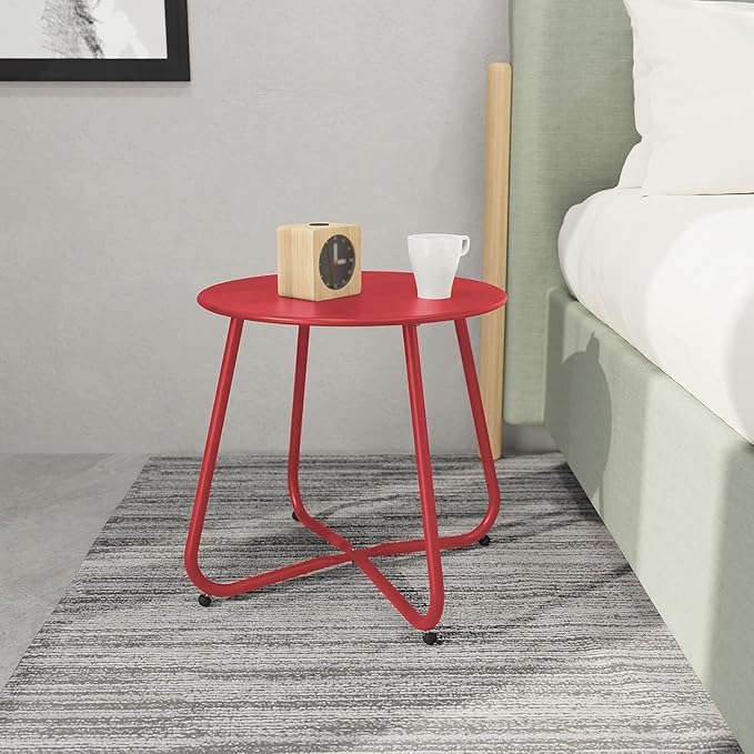 Dark Red Patio Side Table, 18" Weatherproof Steel Outdoor Indoor Side Table for Garden, Balcony, Pool & Tailgate, Rust-Resistant Lightweight Portable Patio End Table
