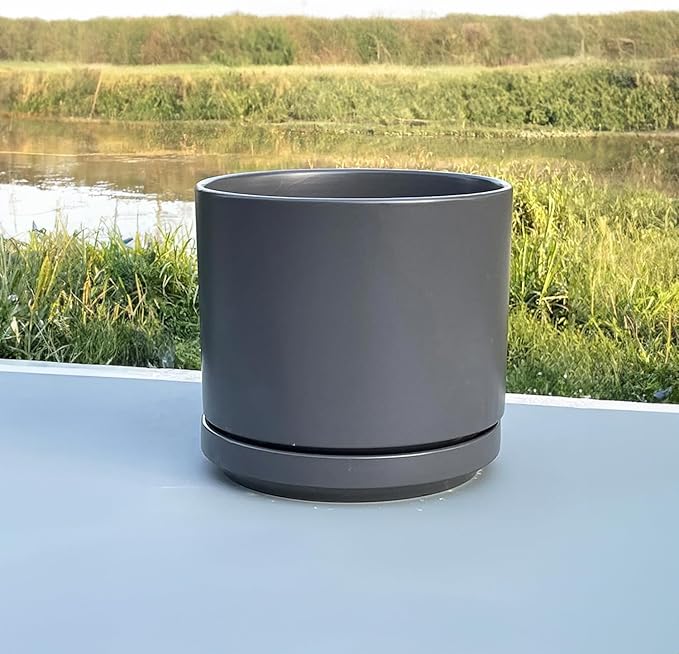 Ceramic Mid Modern Planter Pots with Detached Saucer - Indoor/Outdoor Plant Pots with Drainage Hole