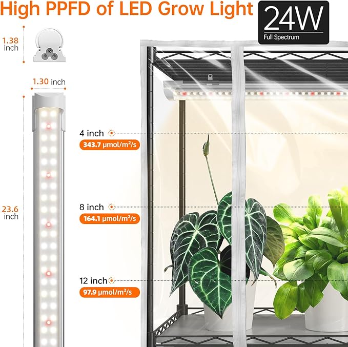 Indoor Greenhouse with Grow Light, Metal Plant Stand, 3 Pack T8 2FT Full Spectrum Plant Lights, Timer, Black, 23.5"x13.8"x59"