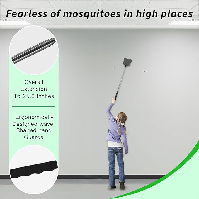 MYSTICHOME Fly Swatter 1 Pack, Durable Heavy Duty Plastic Fly Swatters, Stainless Steel Telescopic FlySwatter for Indoors/Outdoor/Kitchen/Garden(Black)