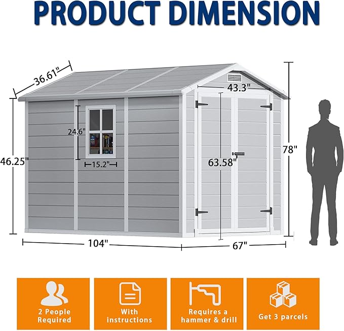 8.7x5.5 FT Resin Outdoor Storage Shed with Floor, Weather-Resistant Plastic Garden Shed with Windows, Lockable Door and Vents, Outside Tool Storage Sheds for Backyard, Garden, Patio, Lawn, Grey