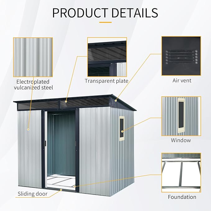 8x6 FT Outdoor Metal Storage Shed with Window, Lockable Sliding Doors and Transparent Plate - Patio Shed for Backyard, Garden, Lawn (White and Black)