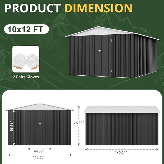 Polar Aurora 10x12 FT Outdoor Storage Shed, Utility Metal Tool Storage with Lockable Doors and Updated Frame Structure, Metal Garden Shed for Backyard, Patio Lawn, Black, White