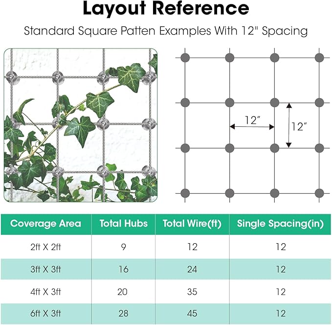 10 Sets Cylindrical Hubs Wall Trellis Kits, Wire Trellis for Climbing Plants Outdoor with 53Ft x 1/8" T316 Stainless Steel Rope, Garden Wire Trellis System for Espalier & Vertical Gardening