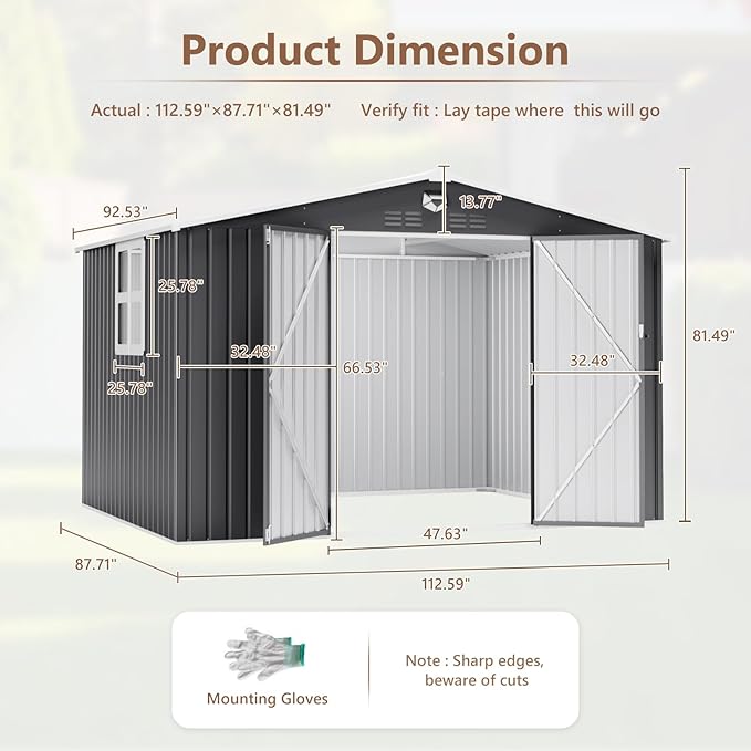 10x8 FT Outdoor Storage Shed, Metal Garden Shed - Tool Storage Sheds with Lockable Doors & 1 Clear Window, Waterproof Outside Storage Building for Backyard, Patio (Black; Floor Not Included)