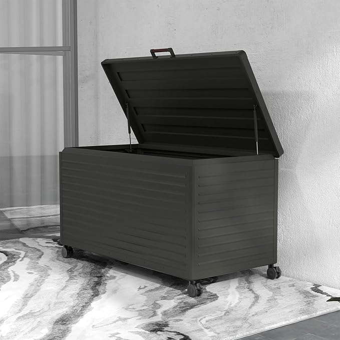 134 Gallon Outdoor Storage Box Waterproof, Metal Deck Box with wheels for Patio Furniture, Garden Tools, Outdoor Cushion, Charcoal