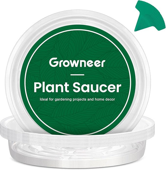 GROWNEER 15 Packs 12 Inches Clear Plant Saucers Flower Pot Trays, with 15 Pcs Plant Labels, Plastic Plant Saucer Drip Trays for Indoor Outdoor Plants Garden