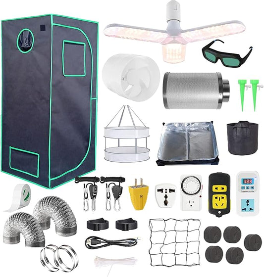 Grow Tent Kit Complete System High Reflective Mylar Indoor Grow Tent Hydroponics Growing Tent with Full Spectrum LED Grow Light Observation Window, Ventilation Fan,Carbon Filter (24" x 24" x 55")