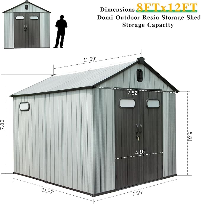 Domi 8x12FT Resin Outdoor Storage Shed with Lockable Door, Waterproof Outside Sheds with Windows & Vents, Heavy-Duty Plastic Tool Storage Shed for Patio Furniture, Lawn Mower, Bike
