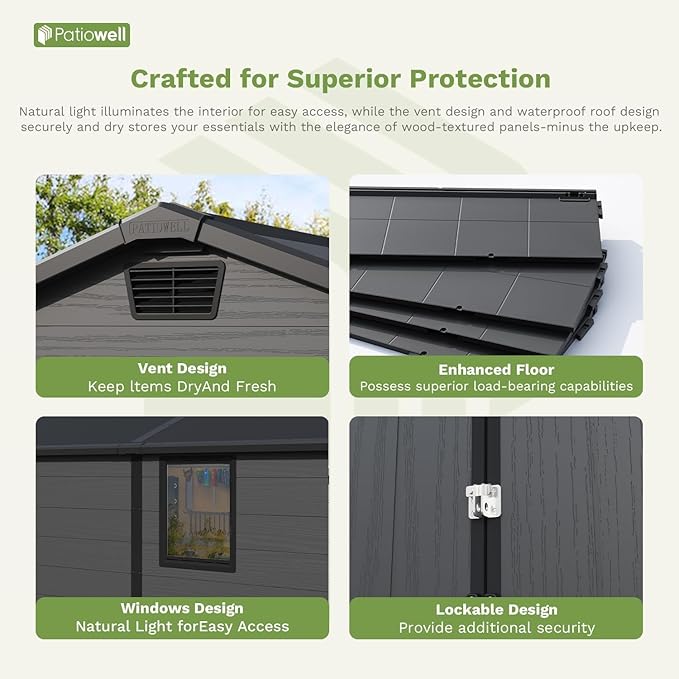 Patiowell 6 x 10 FT Outdoor Plastic Storage Shed with Floor - Lockable Resin Tool Shed, 2 Windows, Easy Assembly for Garden/Backyard (Dark Grey)