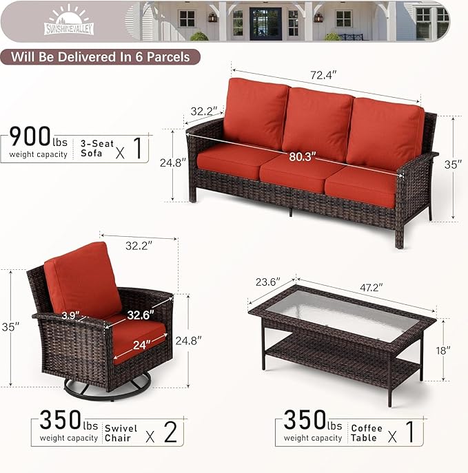 4 Pieces Patio Furniture Set with Swivel Chairs, High Back Wicker Rattan Sofa with Extra Thick Cushion and Coffee Table, Outdoor Conversation Set for Garden Backyard Deck,Red
