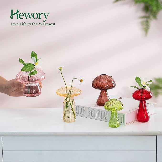 Mushroom Jars for Plants, Hewory 5pcs Colored Glass Mushroom Bud Vase for Flowers, Unique Plant Propagation Stations Propagating Vases Decor, Mini Cute Hydroponic Terrarium Planter for Indoor Planters
