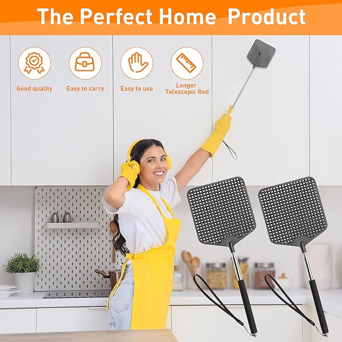 Telescopic Fly Swatters 2 Pack, Premium Plastic Flyswatter, Fly Swatter Heavy Duty for Indoor, Outdoor, Classroom, Stainless Steel Handle（Black）