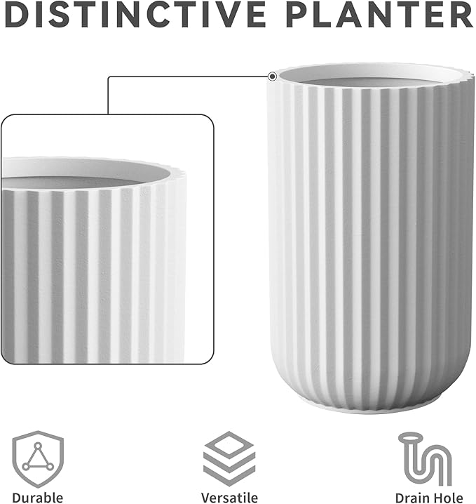 Kante Tall Fulted Planter, 17.7 Inch Tall Round Concrete Plant Pots with Drainage Hole and Rubber Plug, Modern Decor for Indoor Outdoor Plants, Flower, White