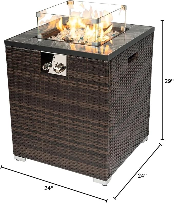 24in Outdoor Propane Gas Fire Pit Table, 40,000 BTU Auto-Ignition Gas Firepit with Glass Wind Guard, Marble Tile Tabletop, Mixed Color Glass Rocks, Brown PE Rattan
