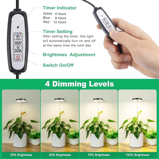 LORDEM Plant Grow Light, Full Spectrum LED Light for Indoor Plants, Auto On/Off Timer, 4 Dimmable Brightness, Black