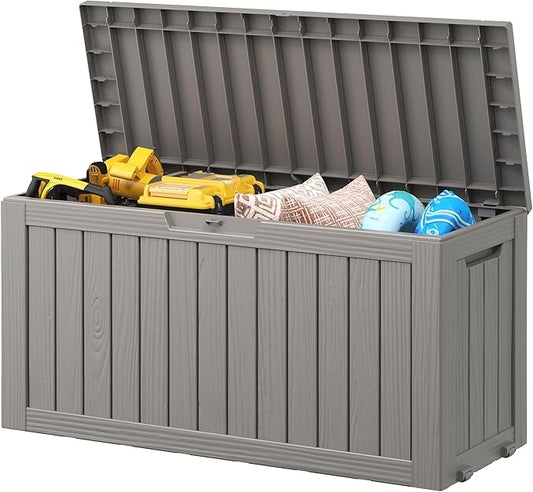 NUNU LAB 76 Gallon Deck Box, Large Resin Outdoor Storage Box, Waterproof Patio Storage Container with Double Wall Panels for Cushions, Garden Tools, Pool Toys, and Packages,Grey