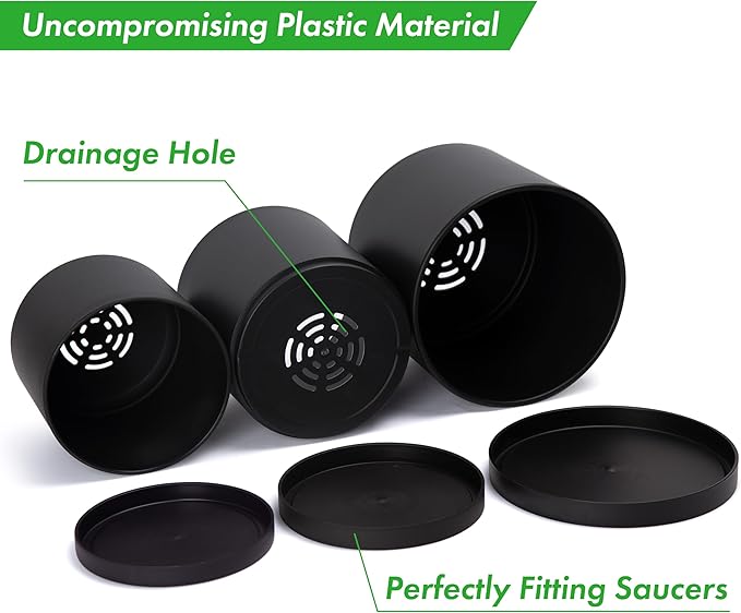 D'vine Dev 6 Inch 6.5 Inch 8 Inch, Set of 3 Plastic Planter Pots for Plants with Drainage Hole and Seamless Saucers, Black Color, Medium, 74-V-B-3