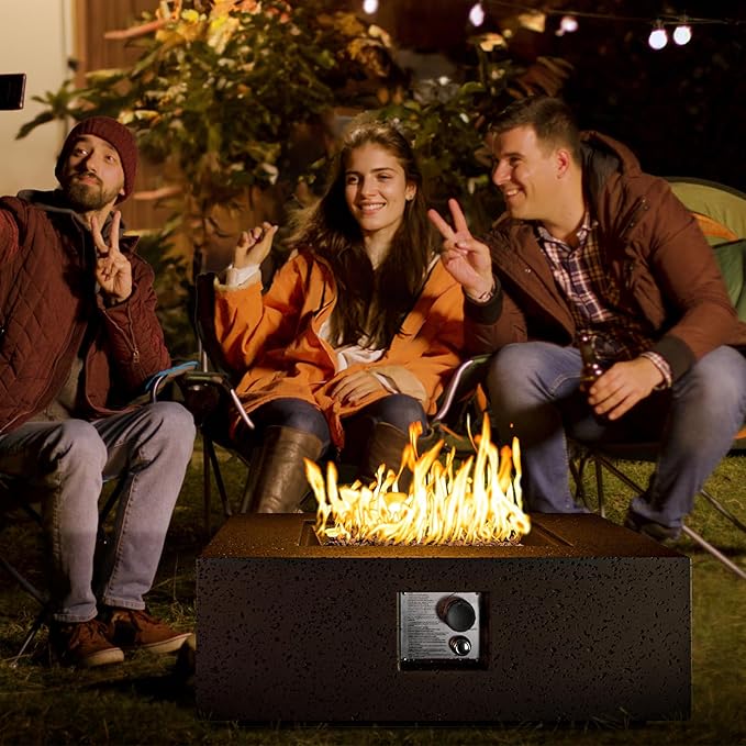 COSIEST Outdoor Propane Fire Pit Coffee Table w Square Faux Stone 35-inch Base, 50,000 BTU Stainless Steel Burner, Free Lava Rocks and Rain Cover, Brown