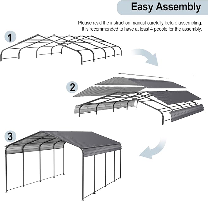 Metal Carport 12 ×20 FT Heavy Duty with Galvanized Steel Roof, Metal Garage Canopy with Galvanized Steel Roof & Frame, Car Tent Outdoor Storage Shed for Car, Boats and Truck, Gray