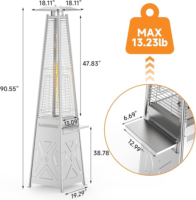 Stainless Steel 42000 BTU Outdoor Patio Gas Heater, Flame Glass Tube Fire Tower with Wheels & Beverage Rack, Safe Portable Heater for Patio Use