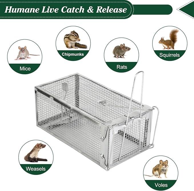 Humane Rat Trap, 10.75"x5.43"x4.41" Metal Mouse Cage Traps and Other Small Live Animals Cage, Easy to Catch and Release, Work for Indoor Outdoor