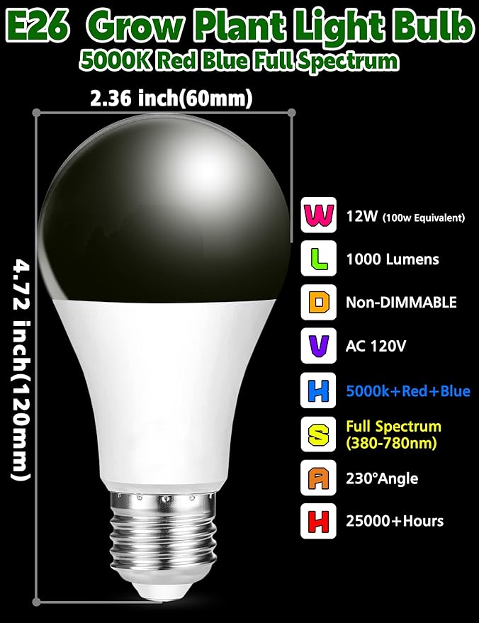 5000K Red Blue Full Spectrum A19 LED Grow Light Bulbs, E26 12W Sun Plant Light Bulb 100w Equivalent, Balanced Spectrum for Flowers, Seed Starting, Indoor Growing, Greenhouse, 2pack