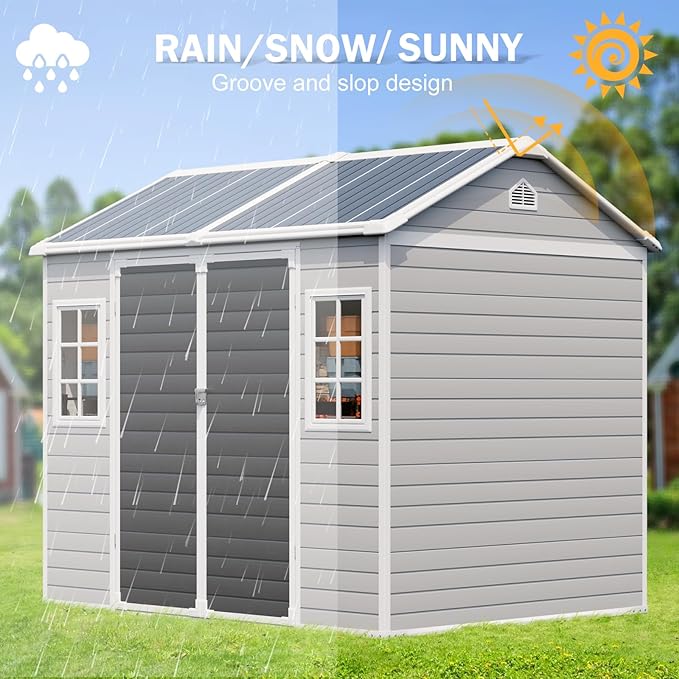 CDCASA 8x6 FT Resin Storage Shed, Waterproof Large Outdoor Sheds with Floor Included & Adjustable Openable Windows, Outside Plastic Tool Shed for Backyard Patio Poolside Garden, Dove Grey